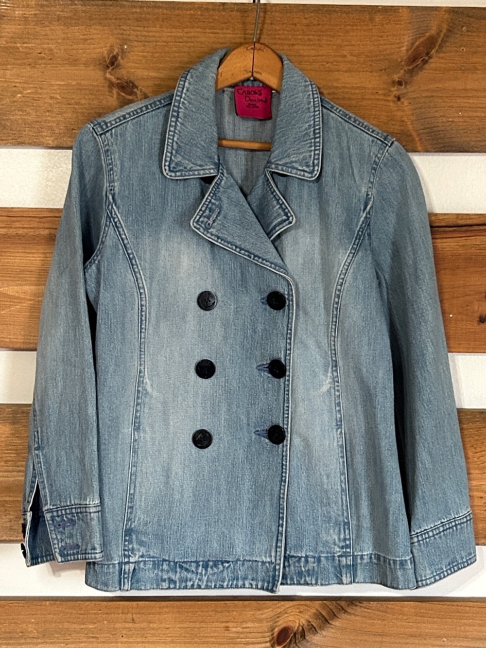 Carols Denim Double-breasted Jean Jacket Large Anchor Print Buttons w/Pockets S